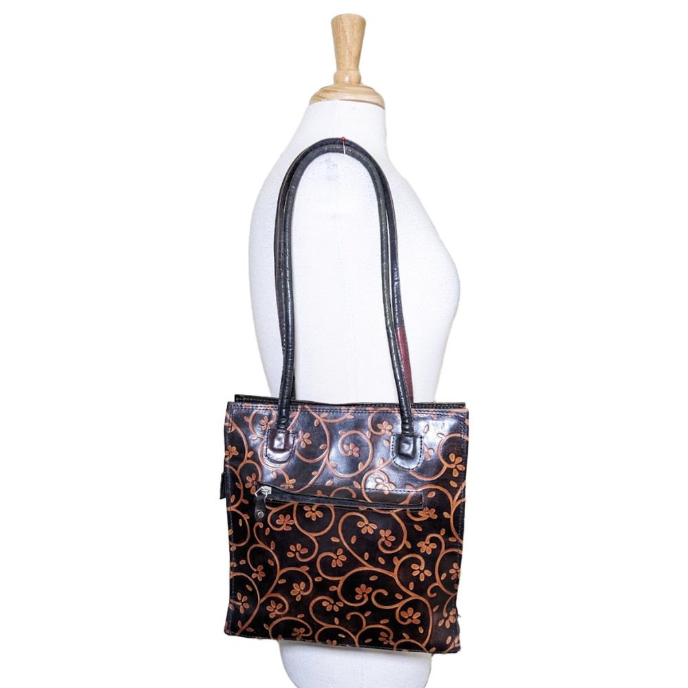 Vint. 100% Leather Floral Tooled Two-Tone Tote/Shoulder Bag